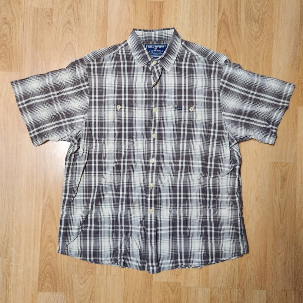 Ralph Lauren Polo Sport Sportman brown plaid button front shirt men sz XL vtg